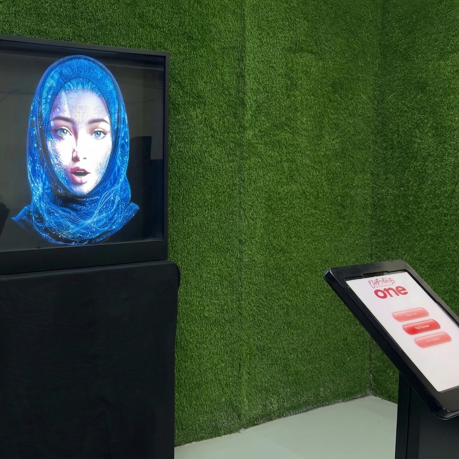 AI kiosk at an event features a digital display of a ai hologram woman in a blue hijab